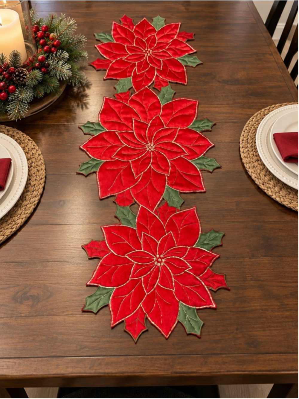 Vintage Christmas Poinsettia Table Runner 36" Red Gold Embroidered